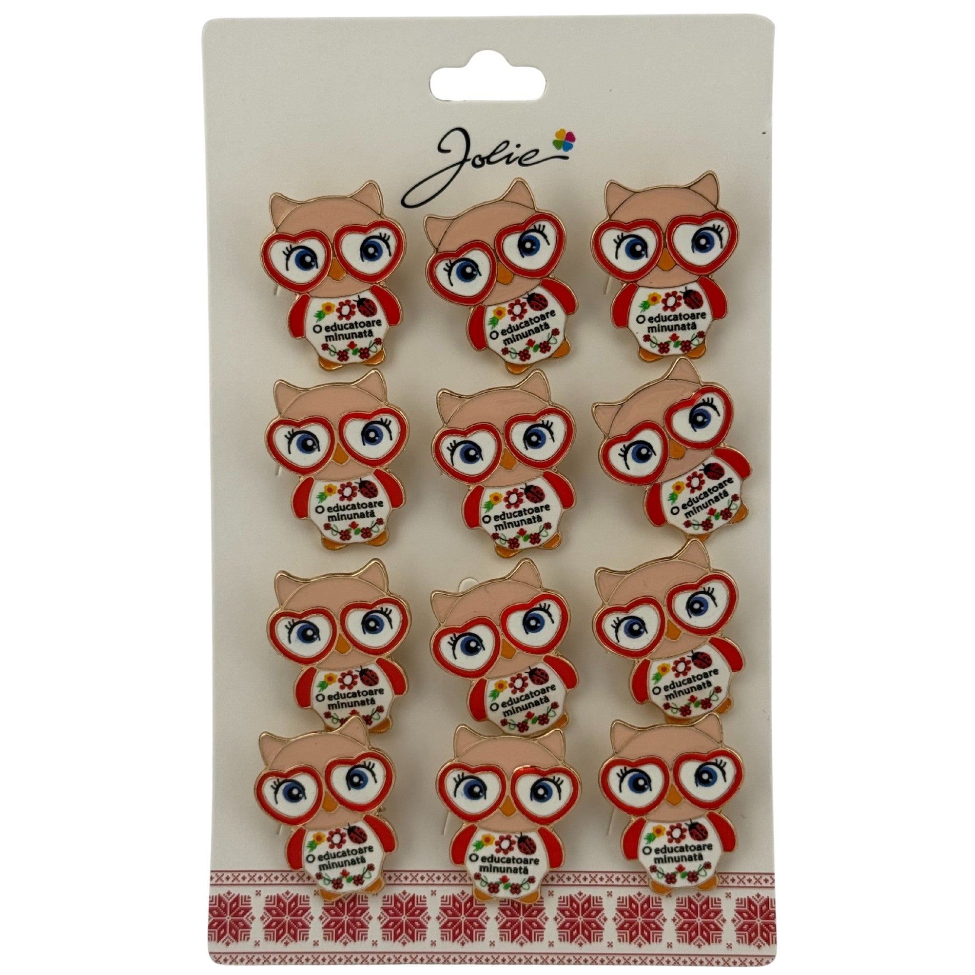 Set 12 Brose Martisor Primavara, Jolie, Model Bufnita ,cu Mesaj O Educatoare Minunata