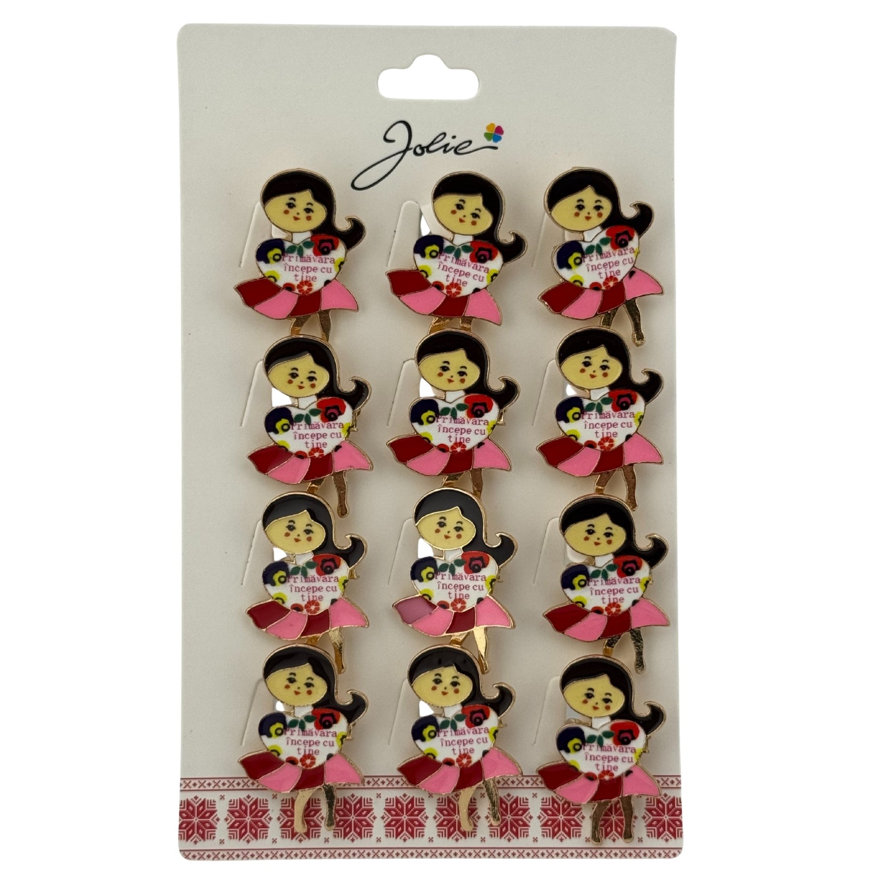 Set 12 Brose Martisor Primavara, Jolie, Model Fata, Mesaj Primavara Incepe cu Tine, Multicolor