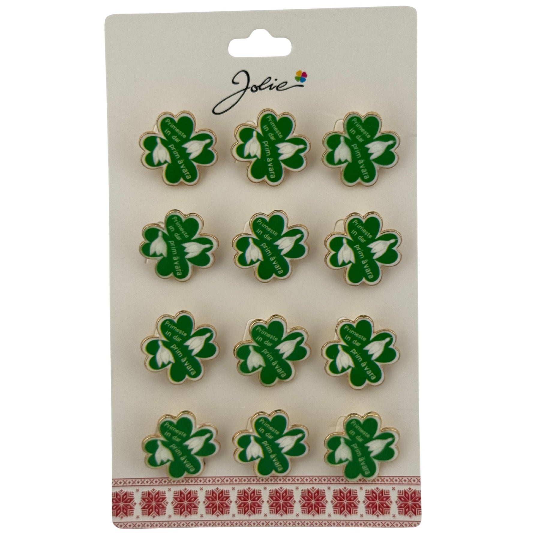 Set 12 Brose Martisor Primavara, Jolie, Model Trifoi cu Patru Foi, Mesaj Primeste in Dar Primavara, Verde
