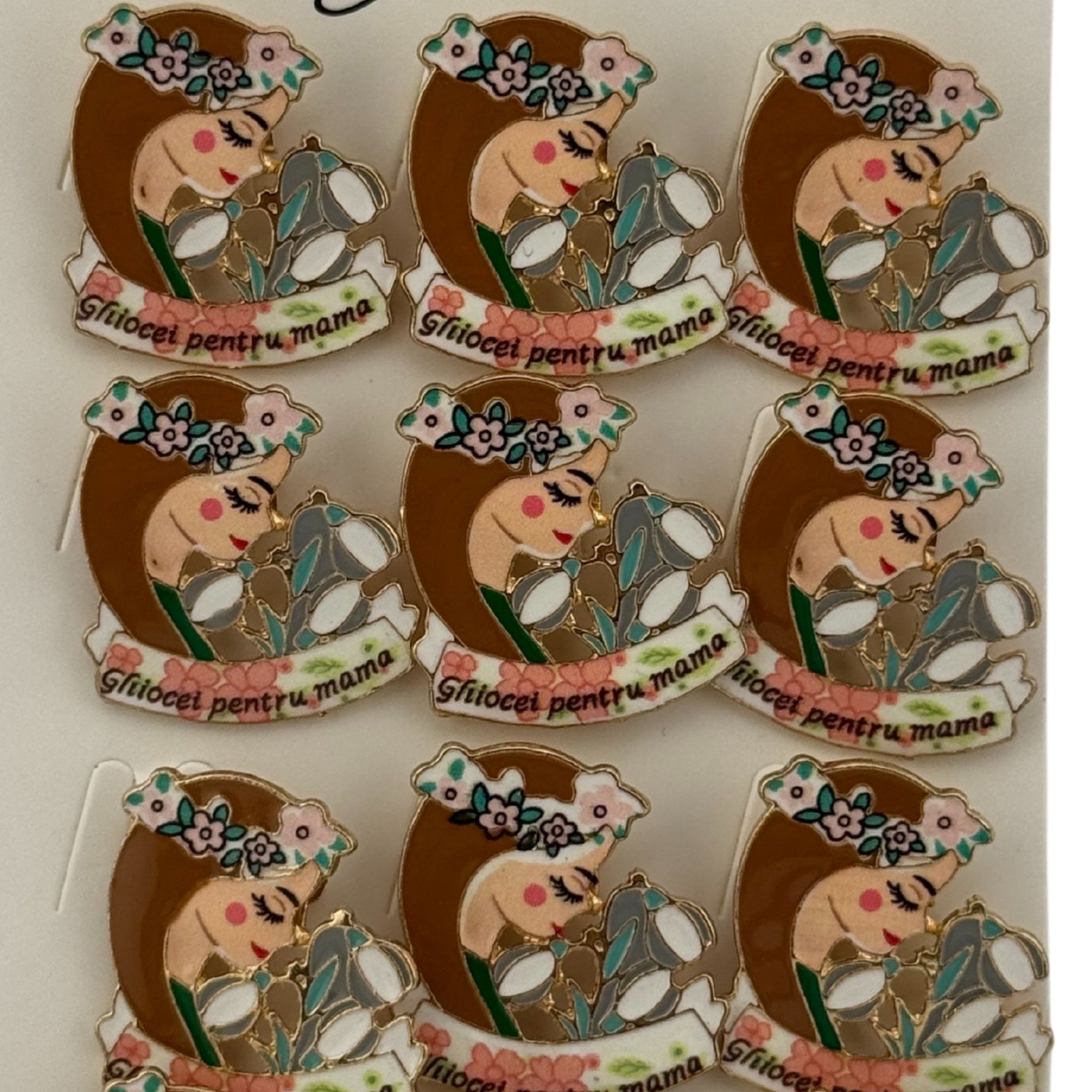 Set 12 Brose Martisor Primavara, Jolie, Model Fata, cu Mesaj Ghiocei pentru Mama, Multicolor