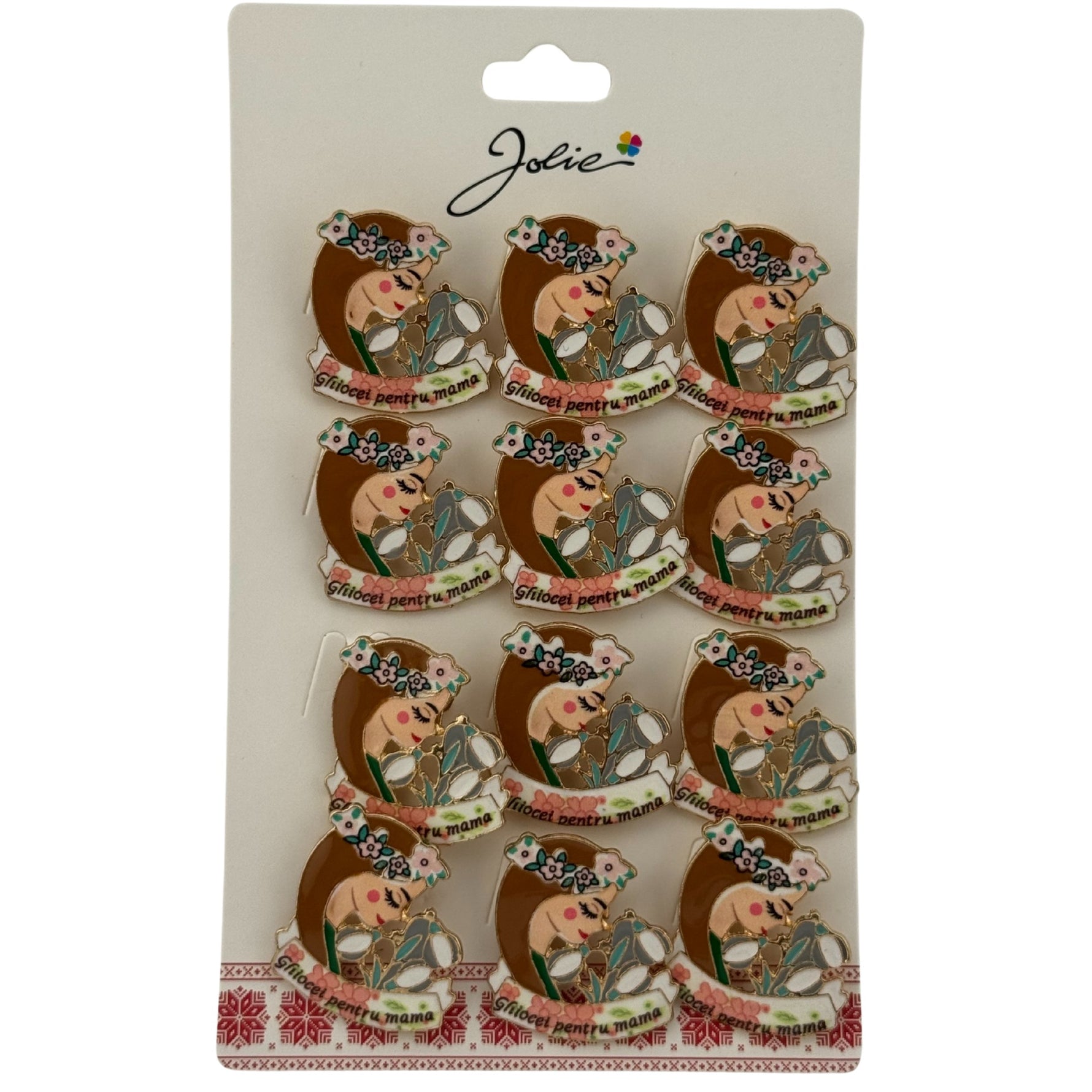 Set 12 Brose Martisor Primavara, Jolie, Model Fata, cu Mesaj Ghiocei pentru Mama, Multicolor