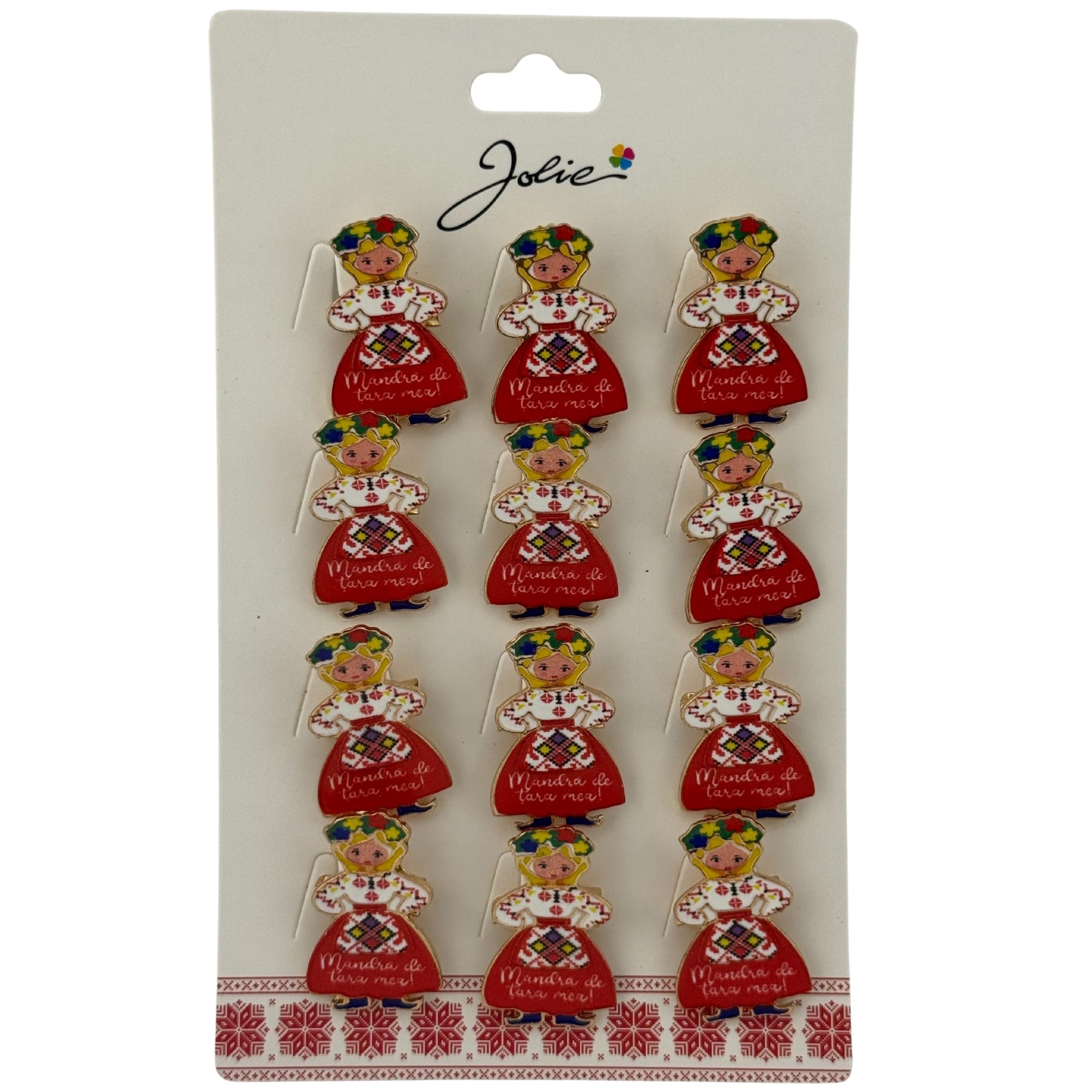 Set 12 Brose Martisor Primavara, Jolie, Model Fata, cu Mesaj Mandra de Tara Mea, Multicolor