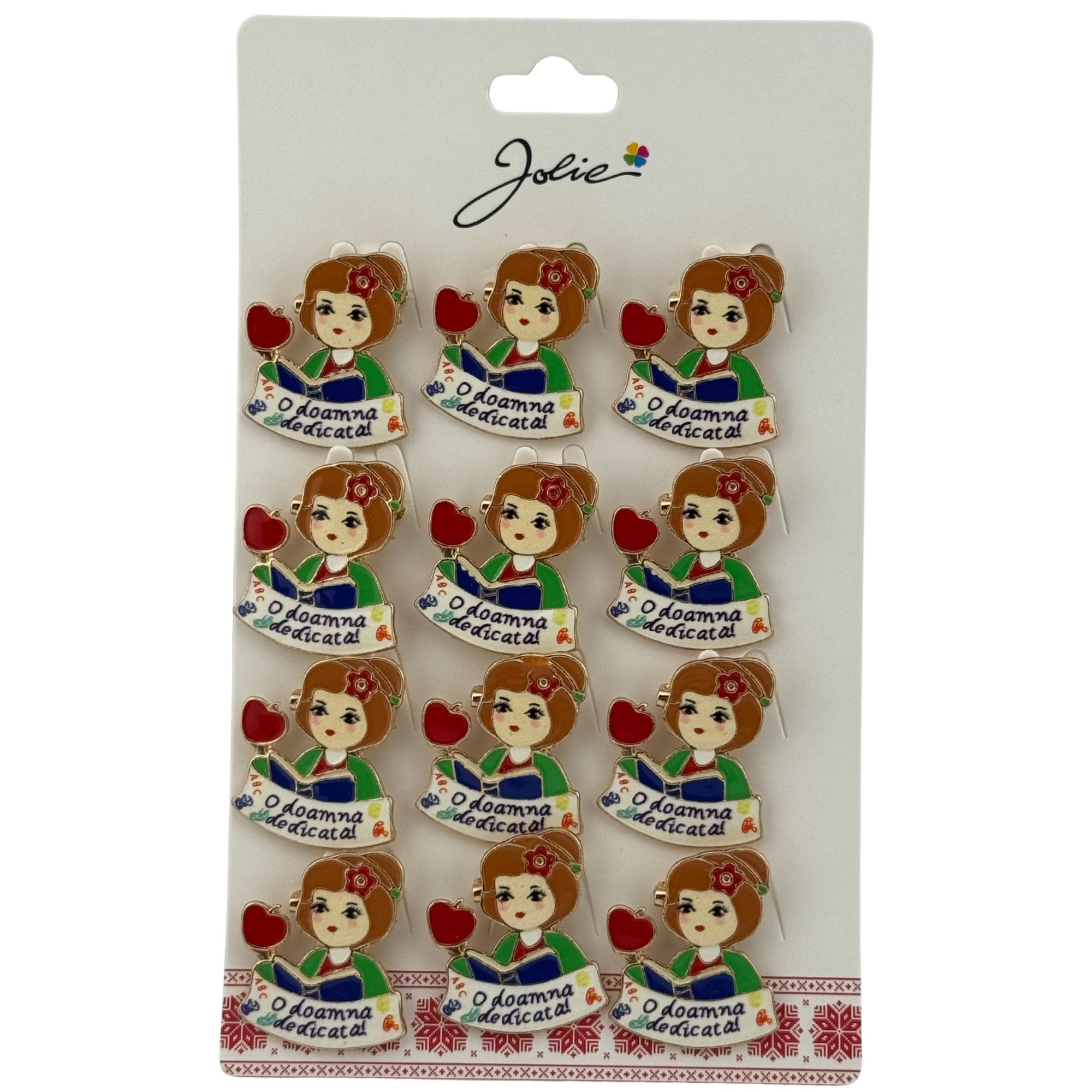 Set 12 Brose Martisor Primavara, Jolie, Model Fata, cu Mesaj O Doamna Dedicata
