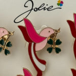 Set 12 Brose Martisor Primavara, Jolie, Model Pasare cu Trifoi in Cioc, Roz
