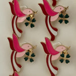 Set 12 Brose Martisor Primavara, Jolie, Model Pasare cu Trifoi in Cioc, Roz