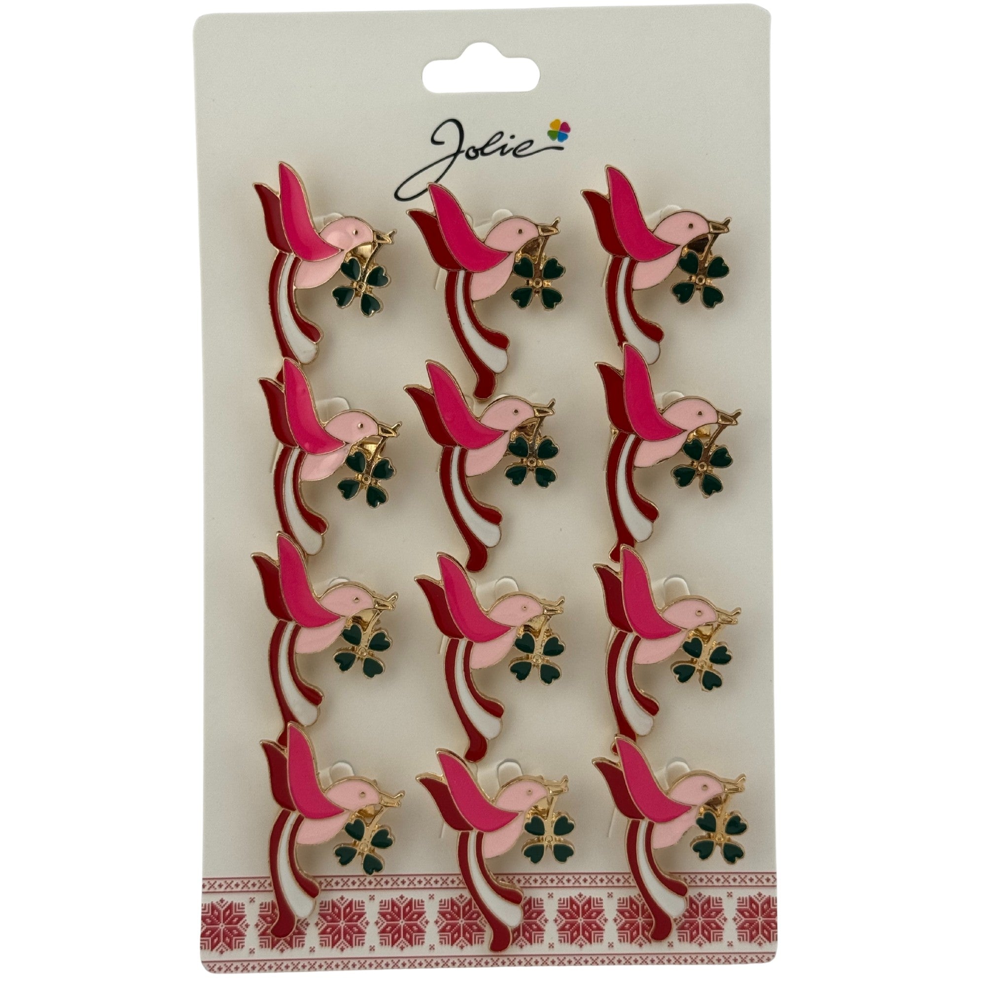 Set 12 Brose Martisor Primavara, Jolie, Model Pasare cu Trifoi in Cioc, Roz