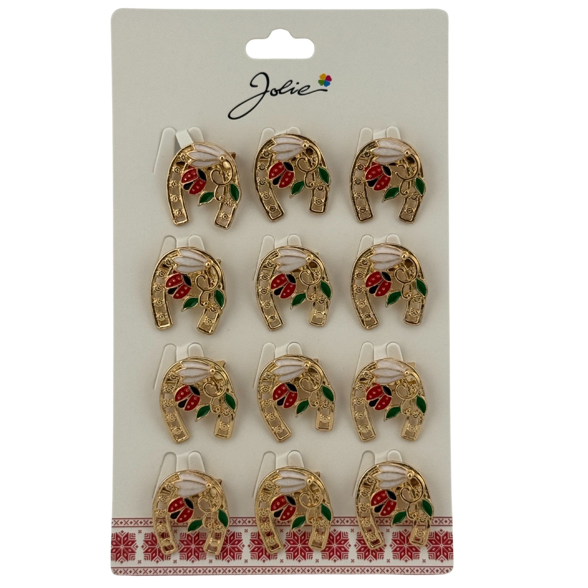 Set 12 Brose Martisor Primavara, Jolie, Model Potcoava cu Buburuza si Ghiocel