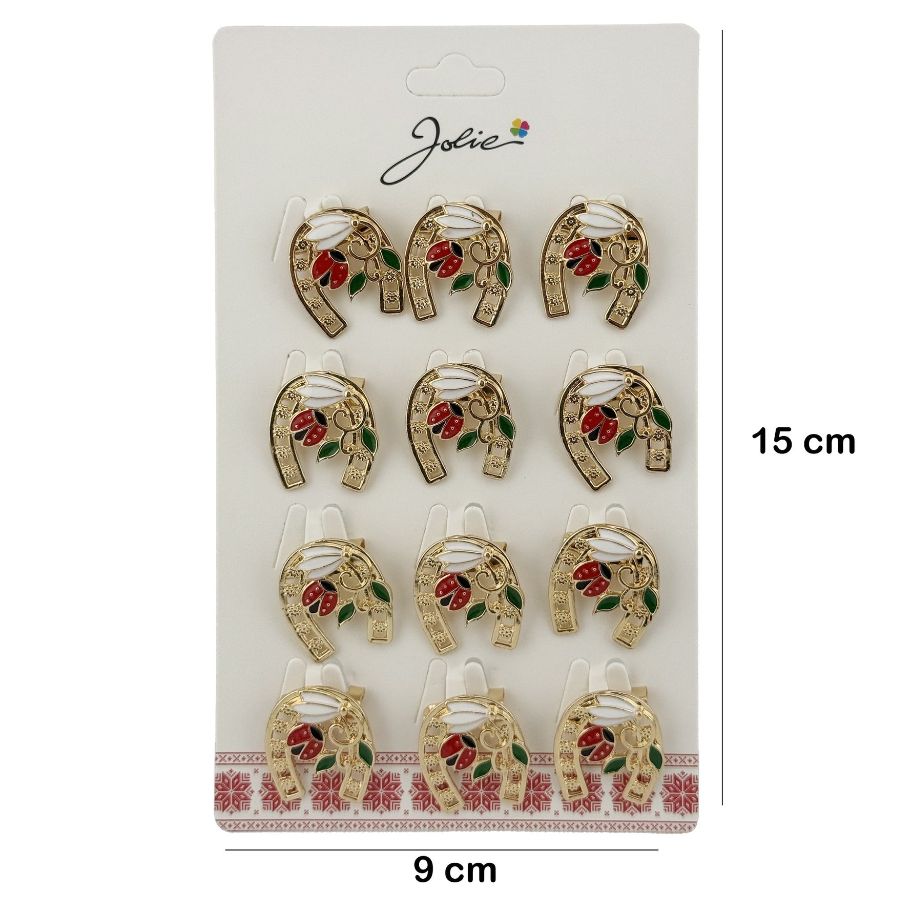 Set 12 Brose Martisor Primavara Potcoava cu Ghiocel si Buburuza, Jolie, Brose din Metal, Aspect Lacuit, 2 x 2 cm per