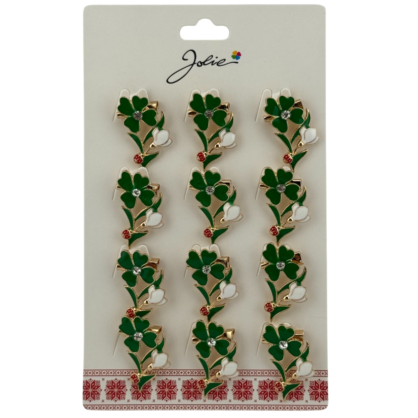 Set 12 Brose Martisor Primavara, Jolie, Model Trifoi cu Piatra in Centru si Buburuza
