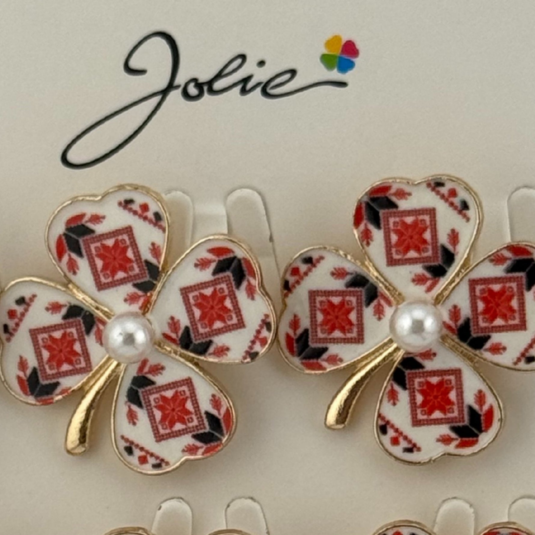 Set 12 Brose Martisor Primavara, Jolie, Model Trifoi Traditional cu Perla, Rosu