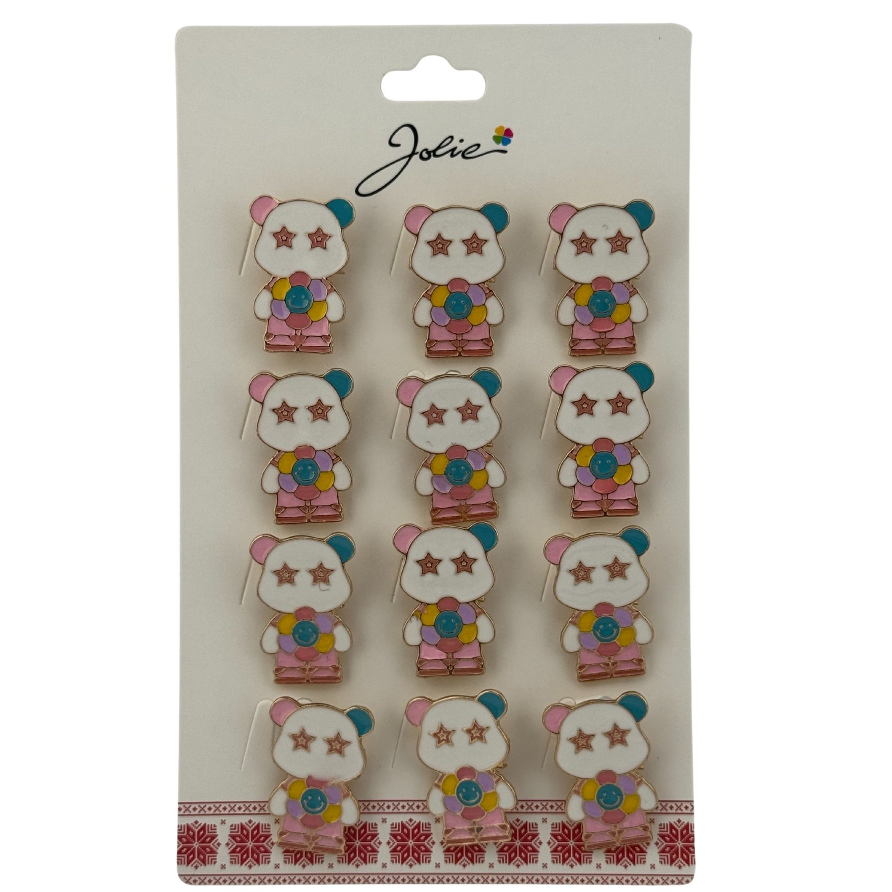 Set 12 Brose Martisor pentru Copii, Jolie, Model Urs Panda cu Floare Multicolora