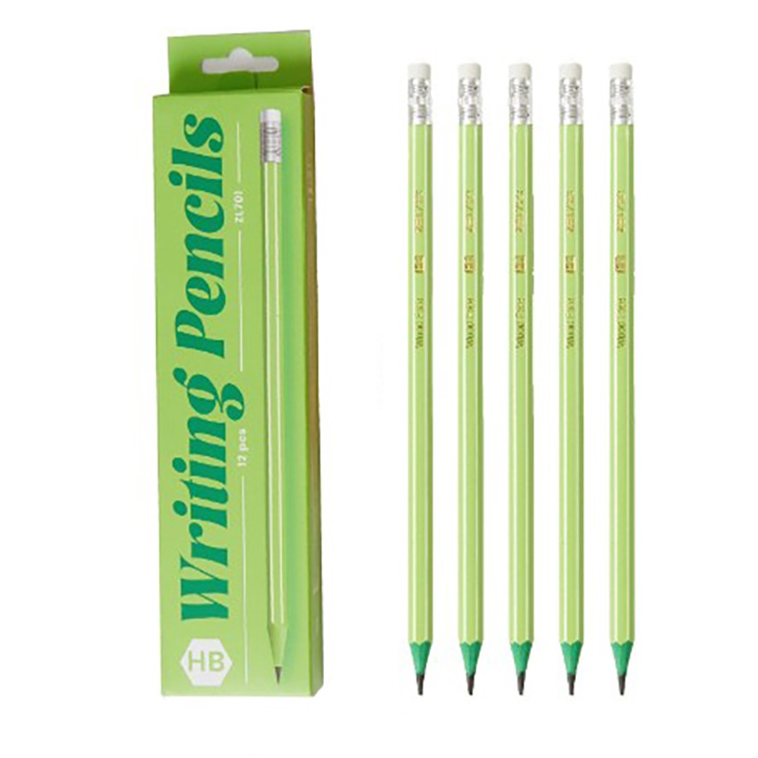 Set 12 Creioane Negre, Flippy, HB, pentru Scoala, cu Radiera, Model Verde, 19 cm