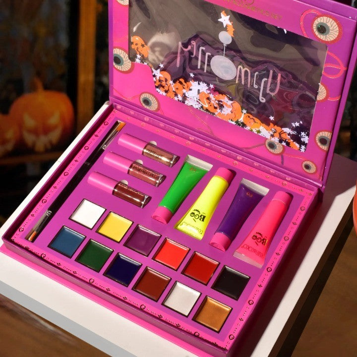 Set Produse de Pictat Fata, KEVIN & COCO, Halloween, 12 culori, 3 Rujuri, 4 Tuburi Vopsea, 25.5 x 20.5 x 2.6 cm,