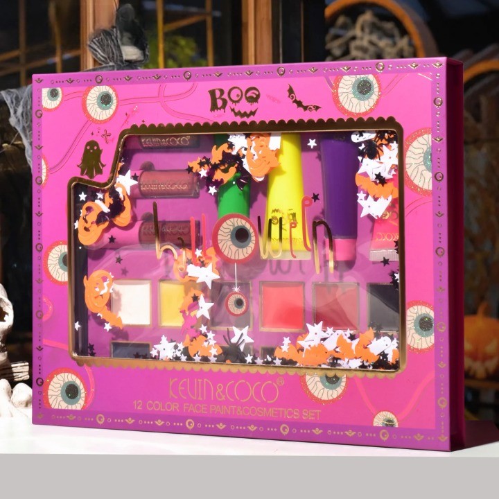 Set Produse de Pictat Fata, KEVIN & COCO, Halloween, 12 culori, 3 Rujuri, 4 Tuburi Vopsea, 25.5 x 20.5 x 2.6 cm,