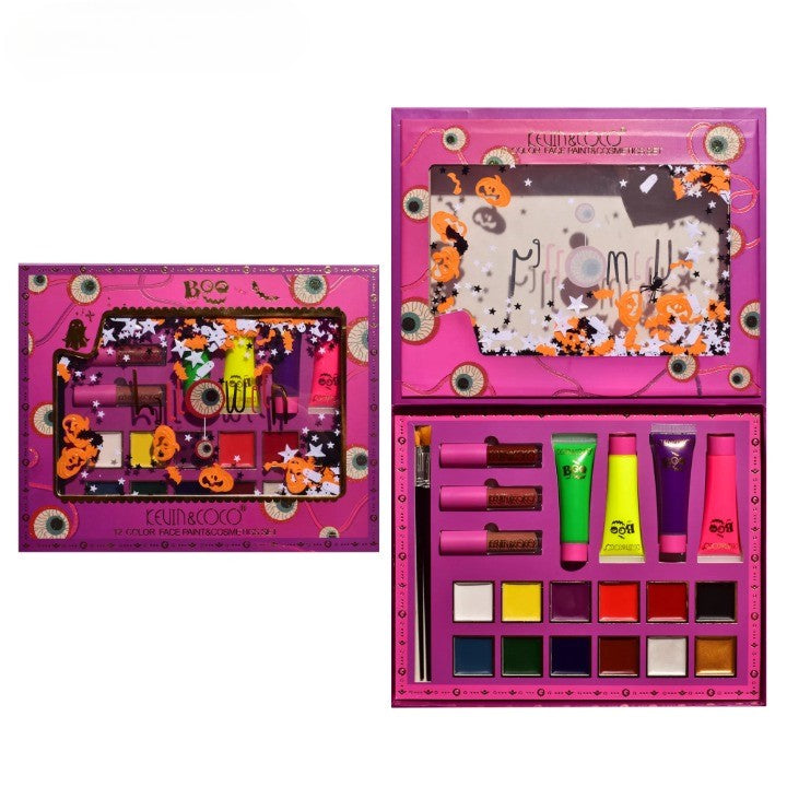 Set Produse de Pictat Fata, KEVIN & COCO, Halloween, 12 culori, 3 Rujuri, 4 Tuburi Vopsea, 25.5 x 20.5 x 2.6 cm,