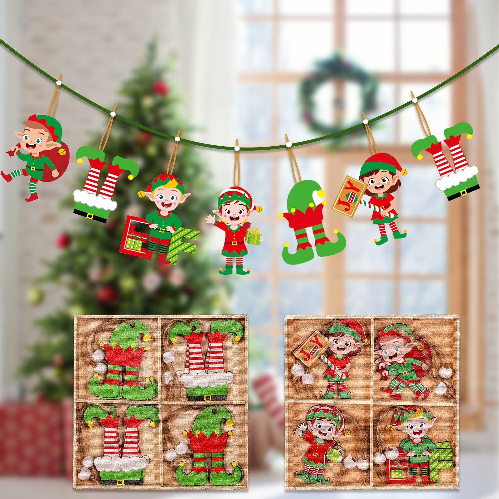 Set 12 Decoratiuni de Craciun din Lemn, Flippy, cu Snur pentru Agatare in Brad, Model Caciulite 6.3x5.2 cm si Pantaloni