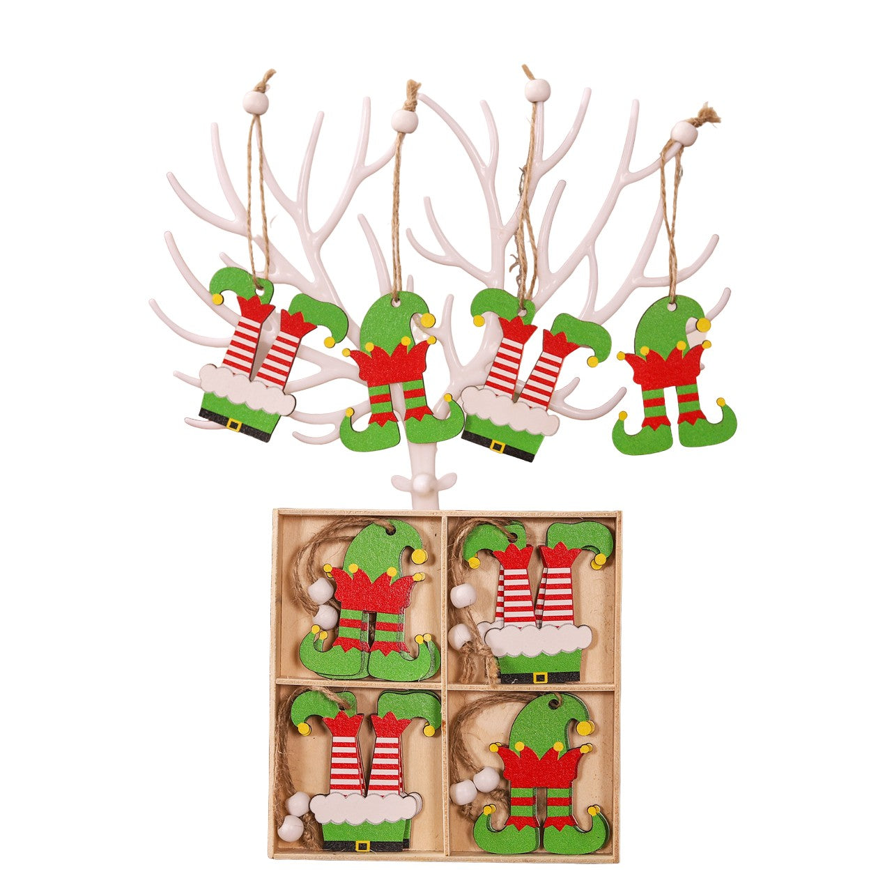 Set 12 Decoratiuni de Craciun din Lemn, Flippy, cu Snur pentru Agatare in Brad, Model Caciulite 6.3x5.2 cm si Pantaloni