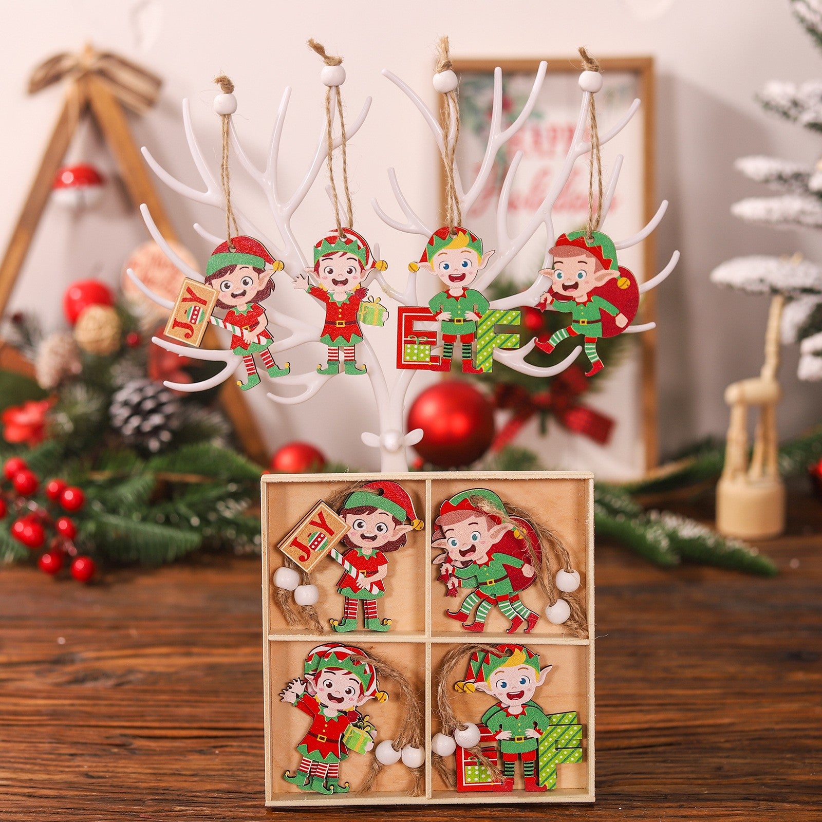 Set 12 Decoratiuni de Craciun din Lemn, Flippy, cu Snur pentru Agatare in Brad, Model Elfi Diferite Dimensiuni, 4