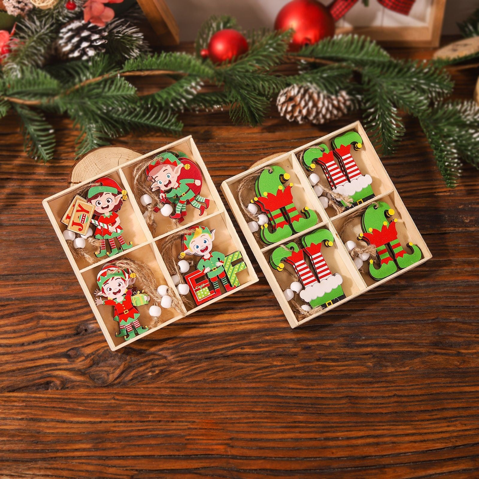 Set 12 Decoratiuni de Craciun din Lemn, Flippy, cu Snur pentru Agatare in Brad, Model Elfi Diferite Dimensiuni, 4