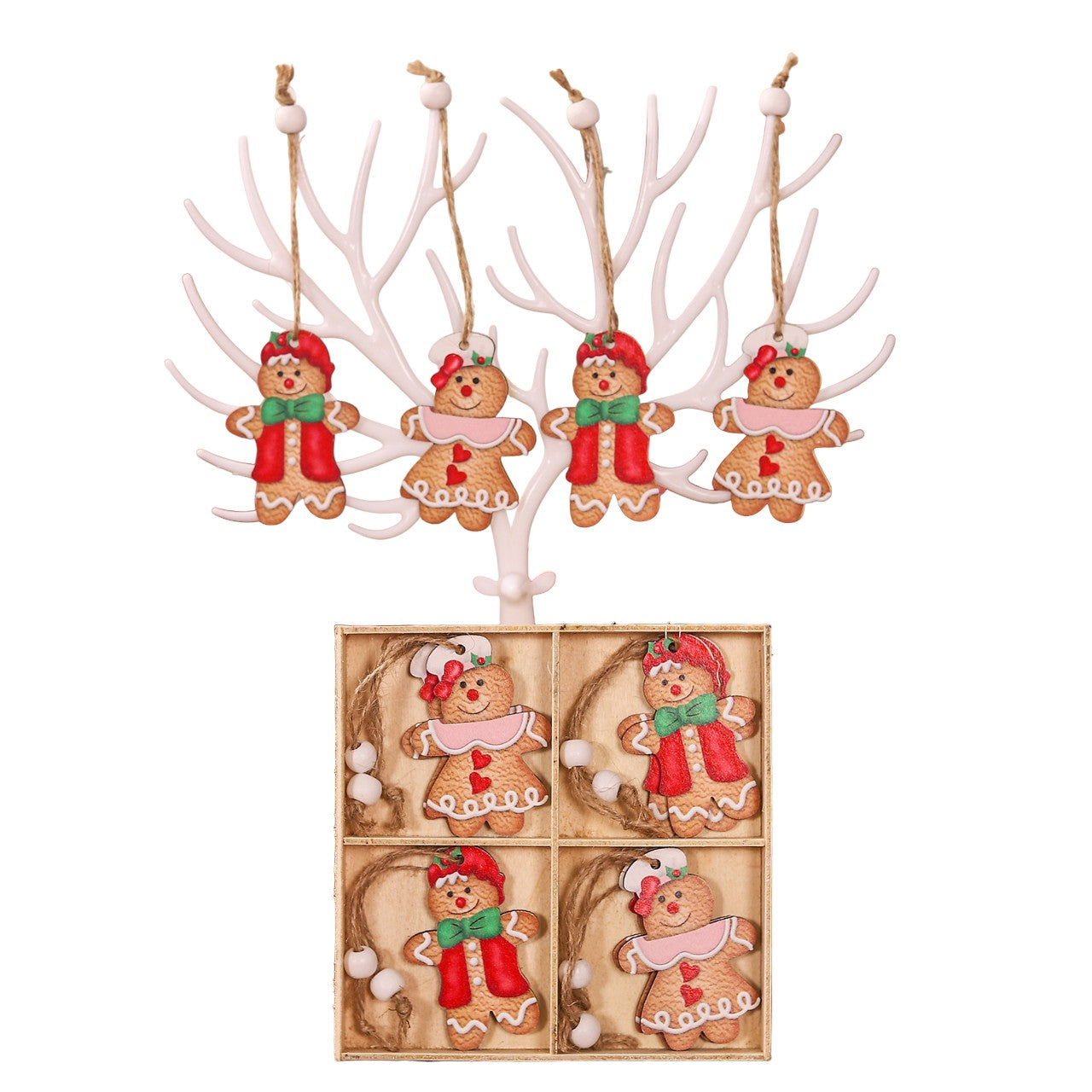 Set 12 Decoratiuni de Craciun din Lemn, Flippy, cu Snur pentru Agatare in Brad, Model Prajituri, Dimensiuni Diferite, 2