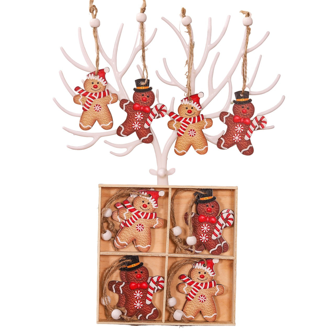 Set 12 Decoratiuni de Craciun din Lemn, Flippy, cu Snur pentru Agatare in Brad, Model Prajituri Omuleti, Dimensiuni