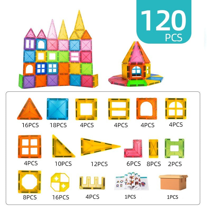 Set 120 de Piese Magnetice de Constructie, Flippy, Piese Mari, Magnetic Tiles, Forme Geometrice, 3 Ani, ABS, Magnet,