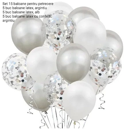 Set 15 baloane pentru petrecere, Flippy, alb/argintiu, 30 cm