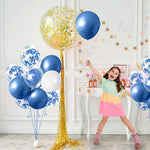 Set 16 Baloane din Latex Metalizate, Flippy, Model Party, 30 cm, Alb, Albastru, Albastru Chrome, Transparent Confetti