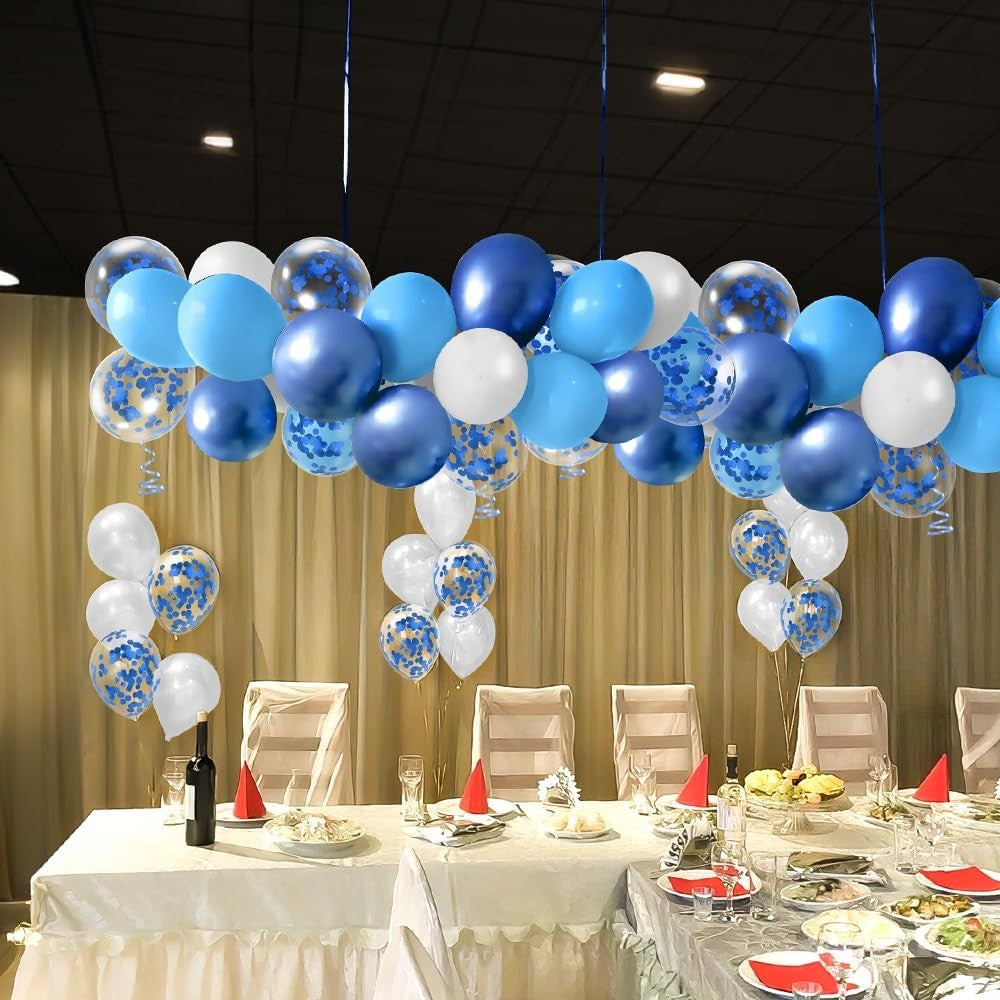 Set 16 Baloane din Latex Metalizate, Flippy, Model Party, 30 cm, Alb, Albastru, Albastru Chrome, Transparent Confetti