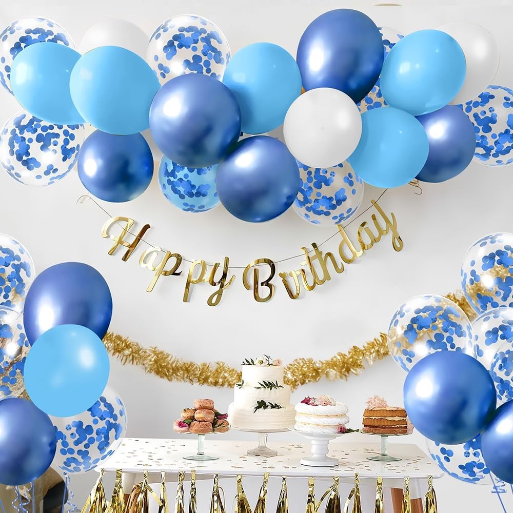 Set 16 Baloane din Latex Metalizate, Flippy, Model Party, 30 cm, Alb, Albastru, Albastru Chrome, Transparent Confetti