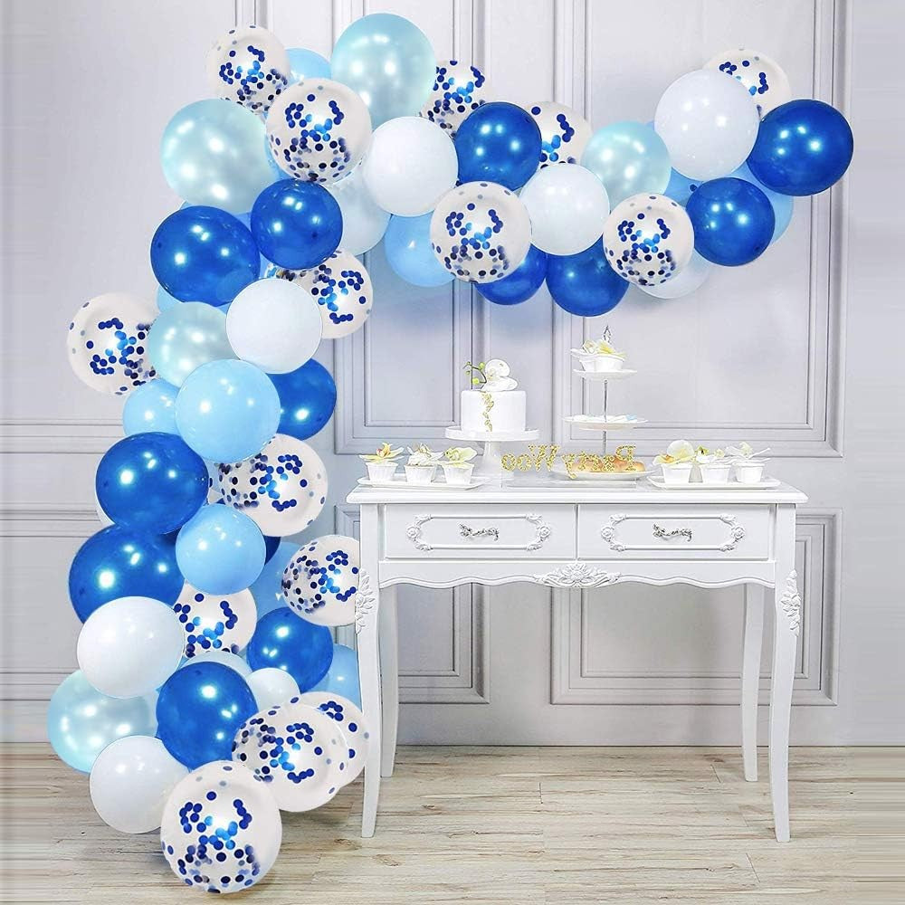 Set 16 Baloane din Latex Metalizate, Flippy, Model Party, 30 cm, Alb, Albastru, Albastru Chrome, Transparent Confetti