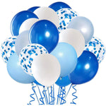 Set 16 Baloane din Latex Metalizate, Flippy, Model Party, 30 cm, Alb, Albastru, Albastru Chrome, Transparent Confetti