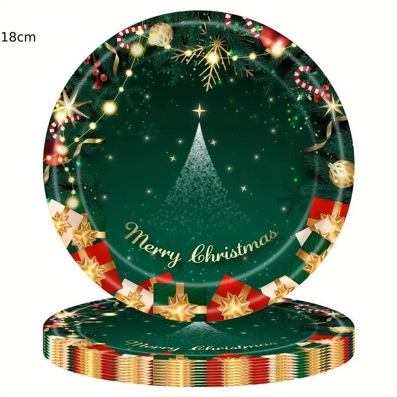 Set 16 Farfurii de Unica Folosinta, Flippy, Model Brad de Craciun Merry Christmas, Tematica Craciun, 18 cm, Verde