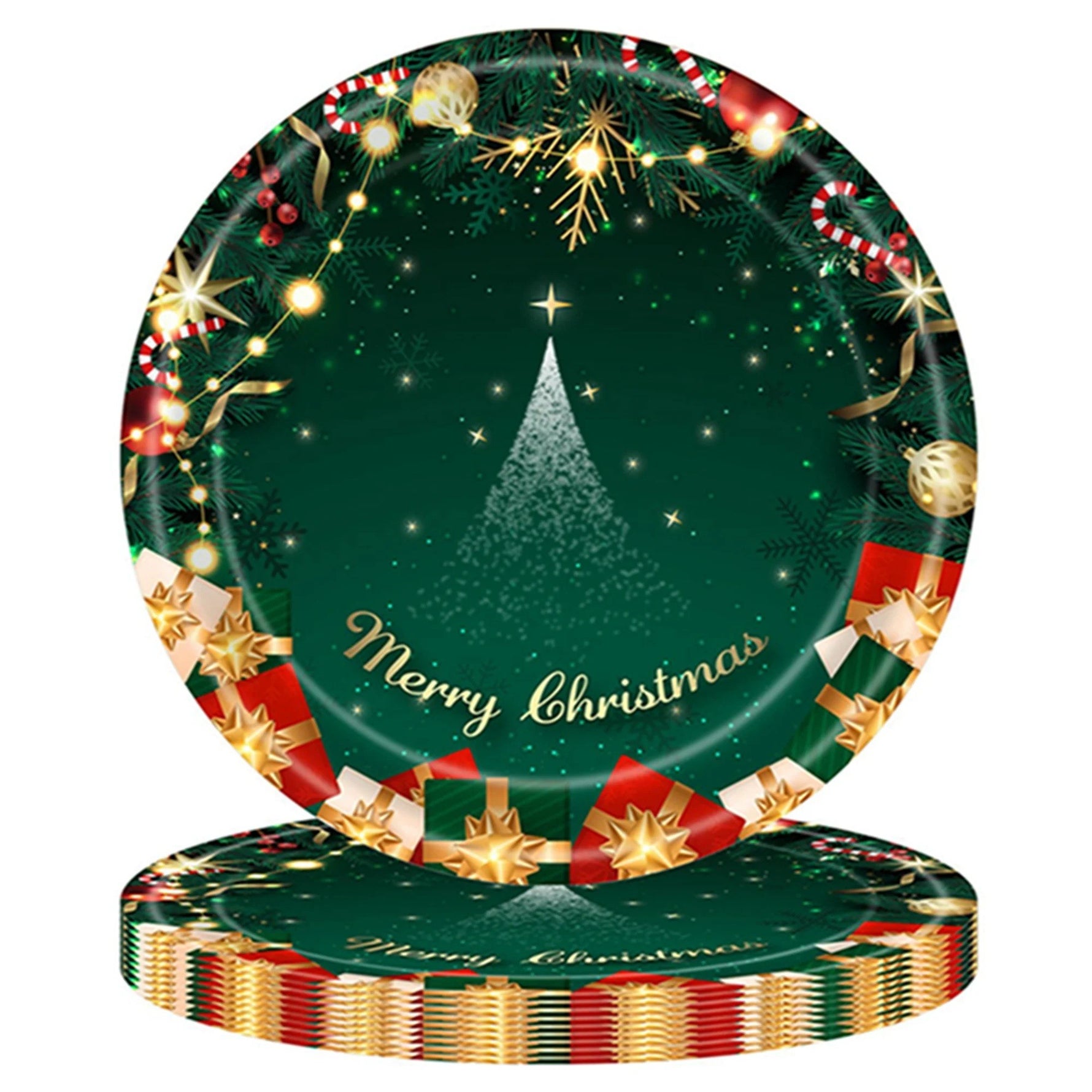 Set 16 Farfurii de Unica Folosinta, Flippy, Model Brad de Craciun Merry Christmas, Tematica Craciun, 18 cm, Verde
