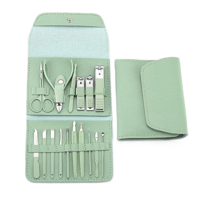 Set 16 Piese de Ingrijire Cosmetica, Flippy, pentru Manichiura, Pedichiura, Fata, Geanta Organizatoare din Piele
