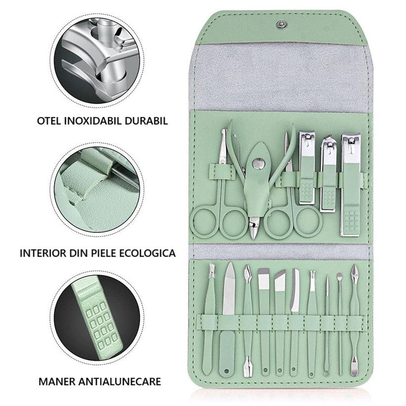 Set 16 Piese de Ingrijire Cosmetica, Flippy, pentru Manichiura, Pedichiura, Fata, Geanta Organizatoare din Piele