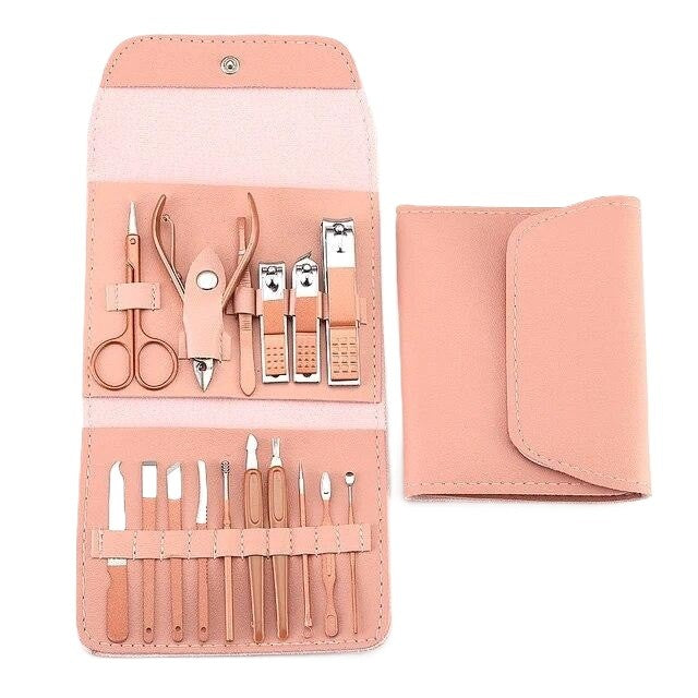 Set 16 Piese de Ingrijire Cosmetica, Flippy, pentru Manichiura, Pedichiura, Fata, Geanta Organizatoare din Piele