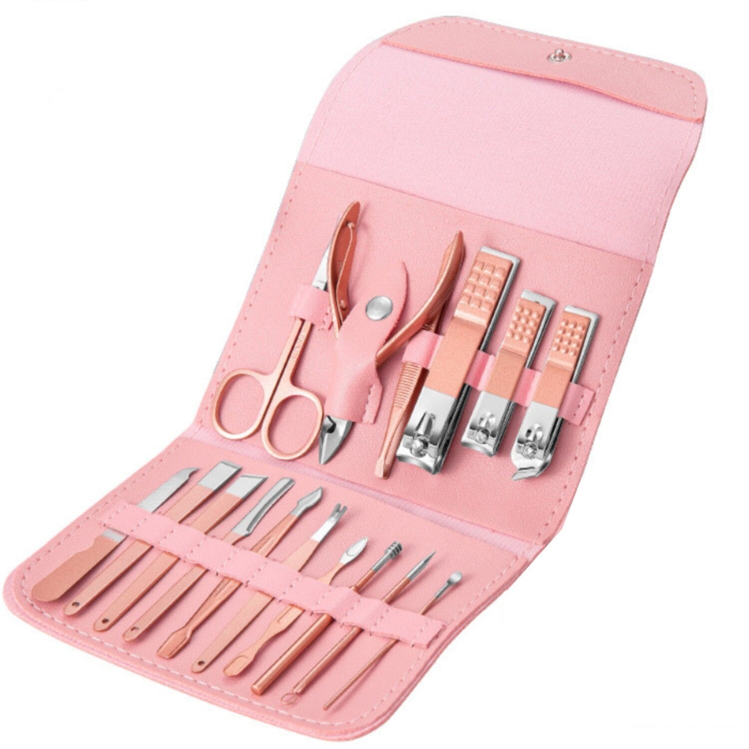 Set 16 Piese de Ingrijire Cosmetica, Flippy, pentru Manichiura, Pedichiura, Fata, Geanta Organizatoare din Piele