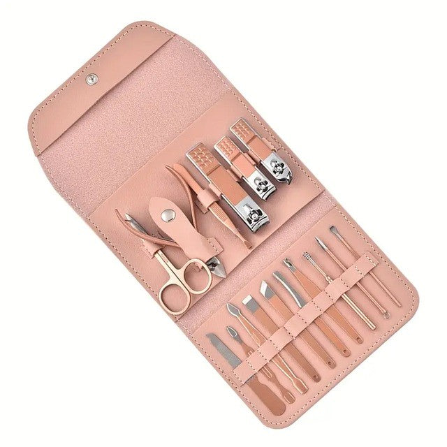 Set 16 Piese de Ingrijire Cosmetica, Flippy, pentru Manichiura, Pedichiura, Fata, Geanta Organizatoare din Piele
