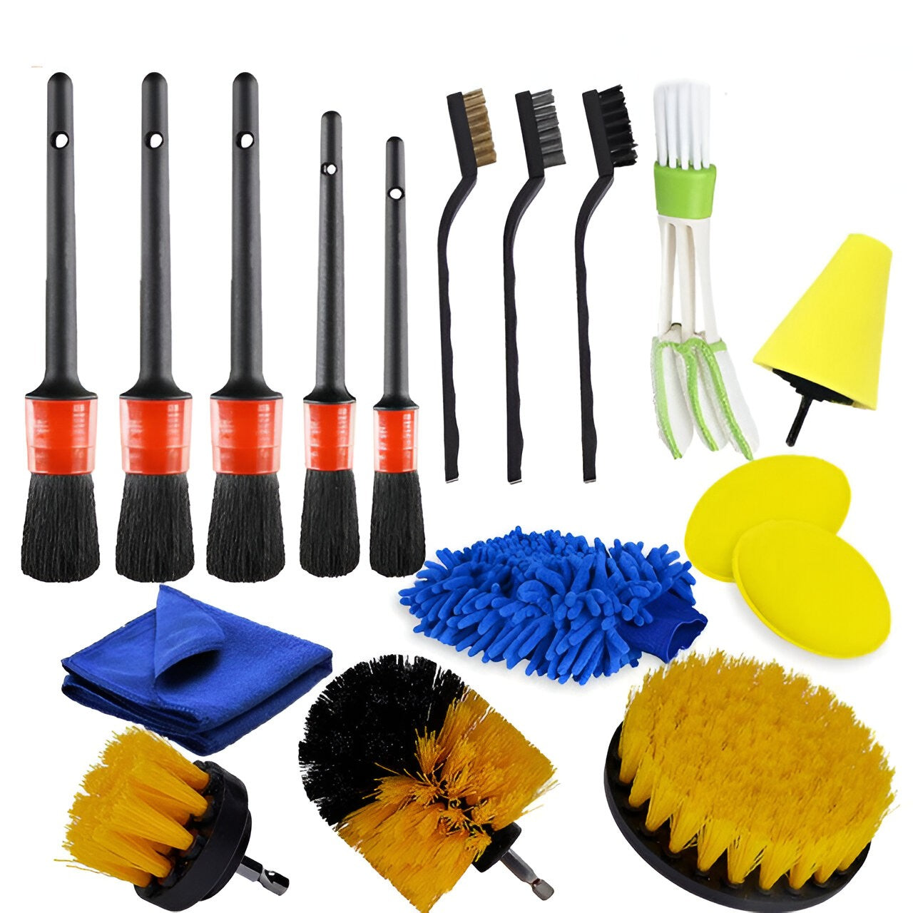 Set 17 Accesorii pentru Curatare Auto, Flippy, Interior si Exterior, 4 Capete pentru Bormasina, 5 Pensule, 3 Perii, 1