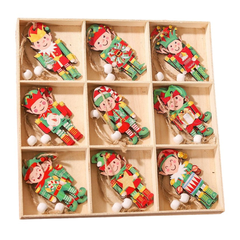 Set 18 Decoratiuni de Craciun din Lemn, Flippy, cu Snur pentru Agatare in Brad, Model Elfi, Diferite Dimensiuni,