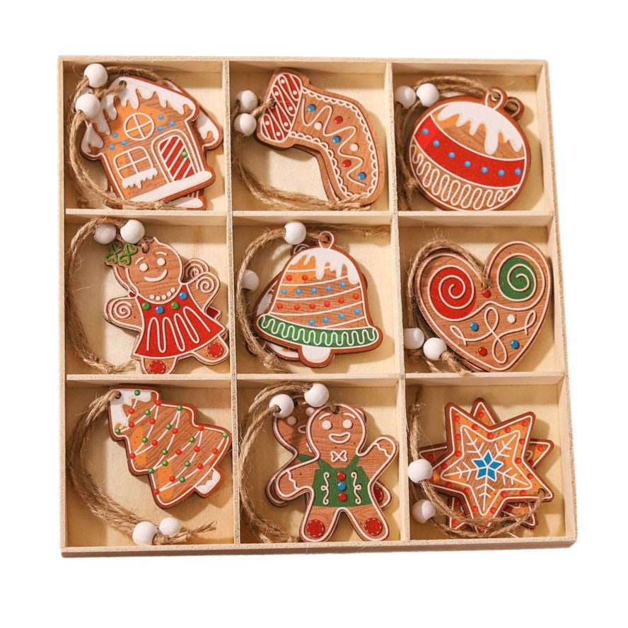Set 18 Decoratiuni de Craciun din Lemn, Flippy, cu Snur pentru Agatare in Brad, Modele Diverse , Diferite Dimensiuni,