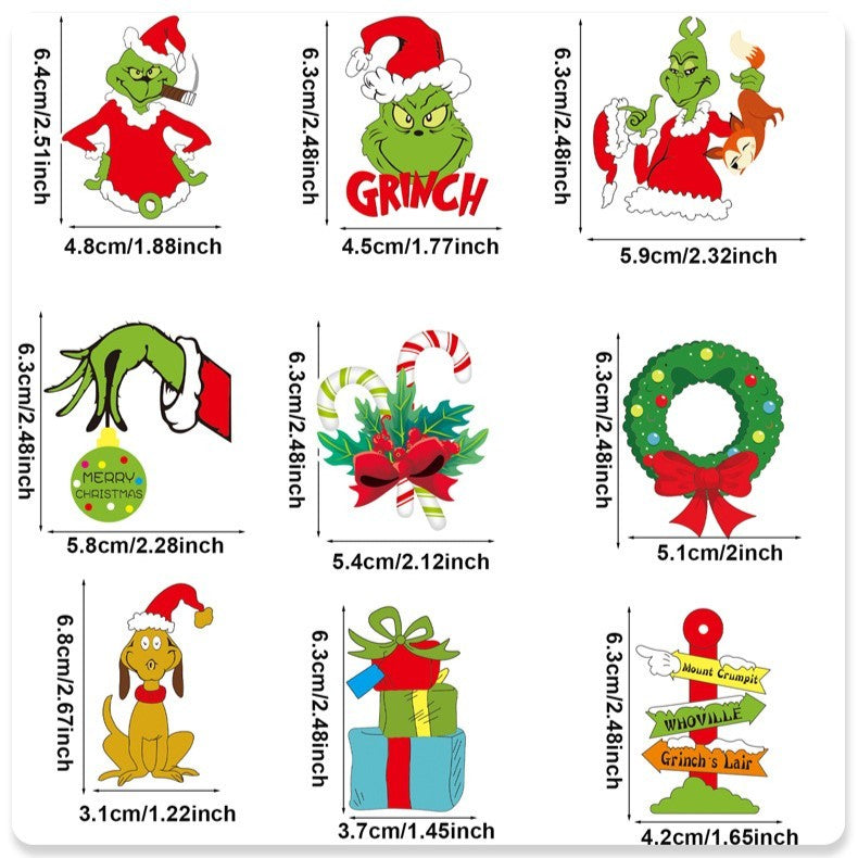 Set 18 Decoratiuni de Craciun din Lemn, Flippy, cu Snur pentru Agatare in Brad, Model Grinch, Diferite Dimensiuni,