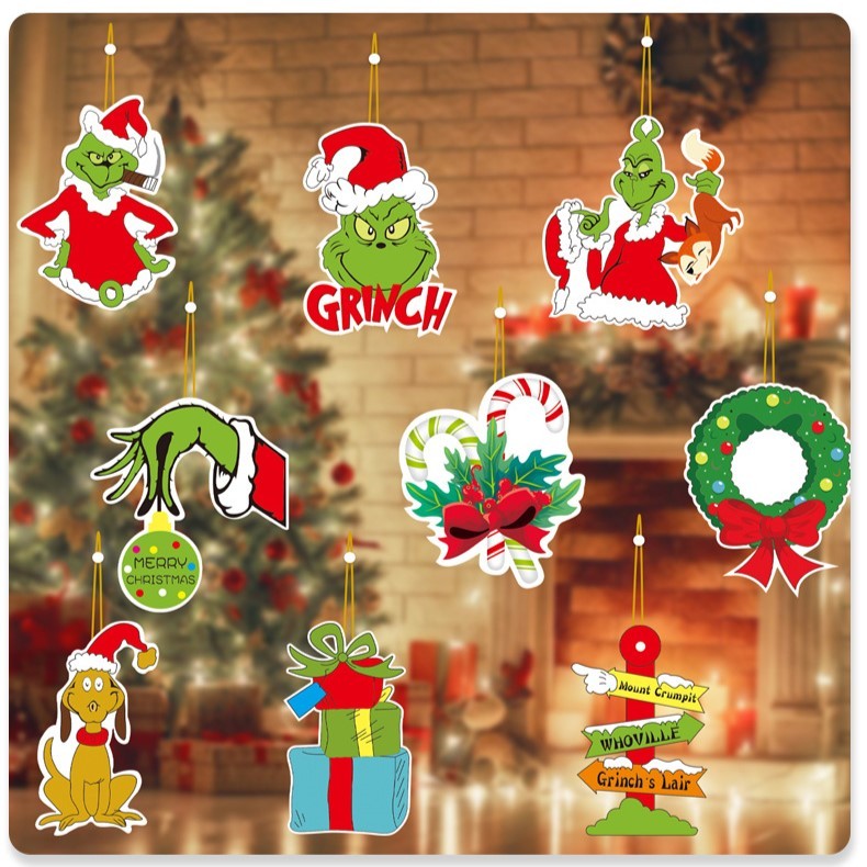 Set 18 Decoratiuni de Craciun din Lemn, Flippy, cu Snur pentru Agatare in Brad, Model Grinch, Diferite Dimensiuni,