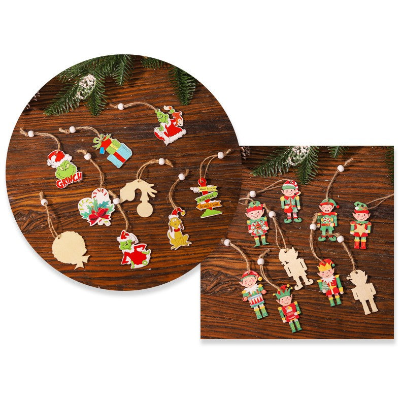 Set 18 Decoratiuni de Craciun din Lemn, Flippy, cu Snur pentru Agatare in Brad, Model Grinch, Diferite Dimensiuni,