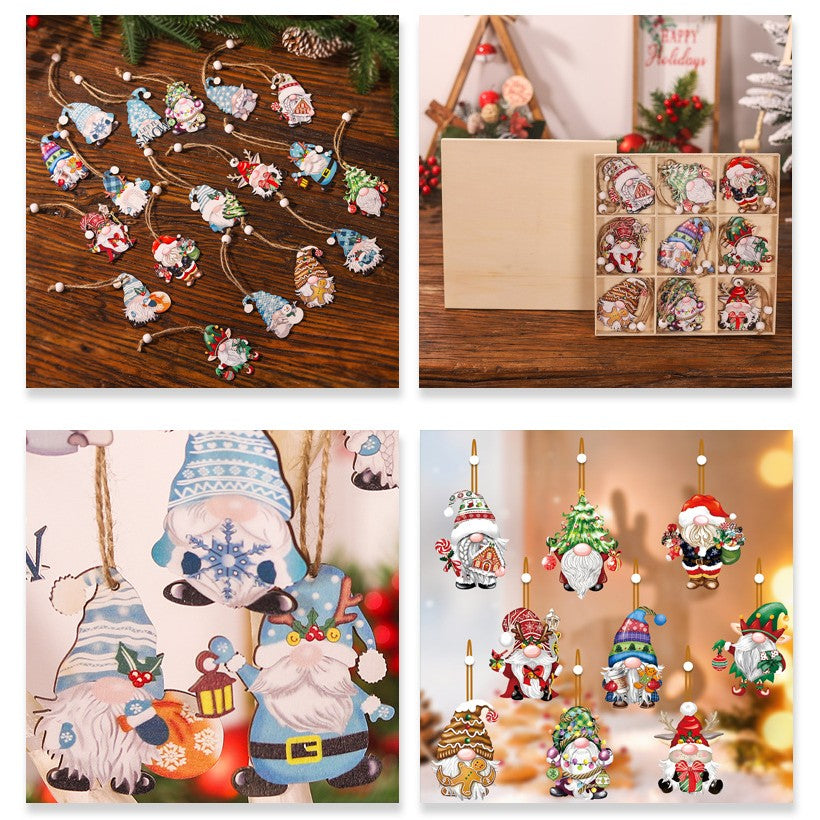 Set 18 Decoratiuni de Craciun din Lemn, Flippy, cu Snur pentru Agatare in Brad, Model Gnomi, Diferite Dimensiuni,