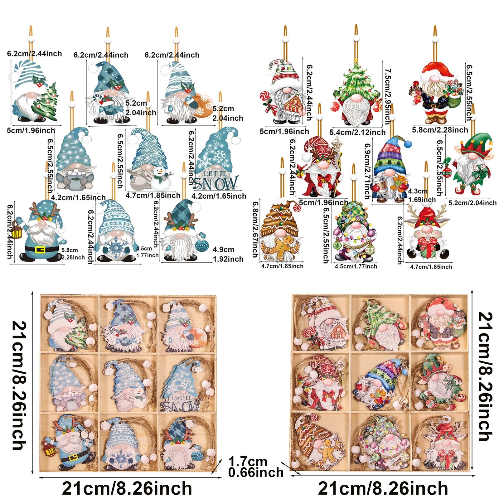 Set 18 Decoratiuni de Craciun din Lemn, Flippy, cu Snur pentru Agatare in Brad, Model Gnomi, Diferite Dimensiuni,