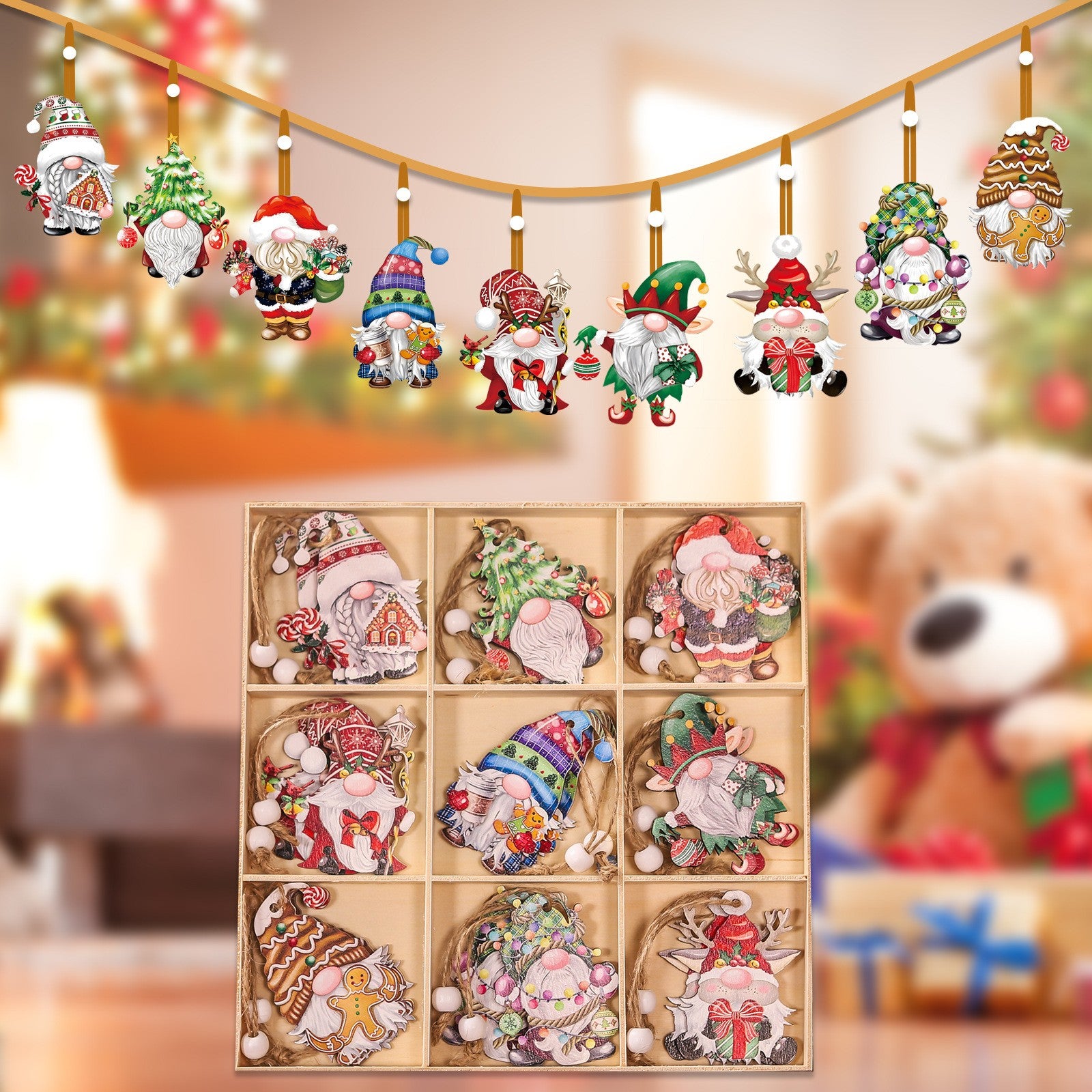 Set 18 Decoratiuni de Craciun din Lemn, Flippy, cu Snur pentru Agatare in Brad, Model Gnomi, Diferite Dimensiuni,