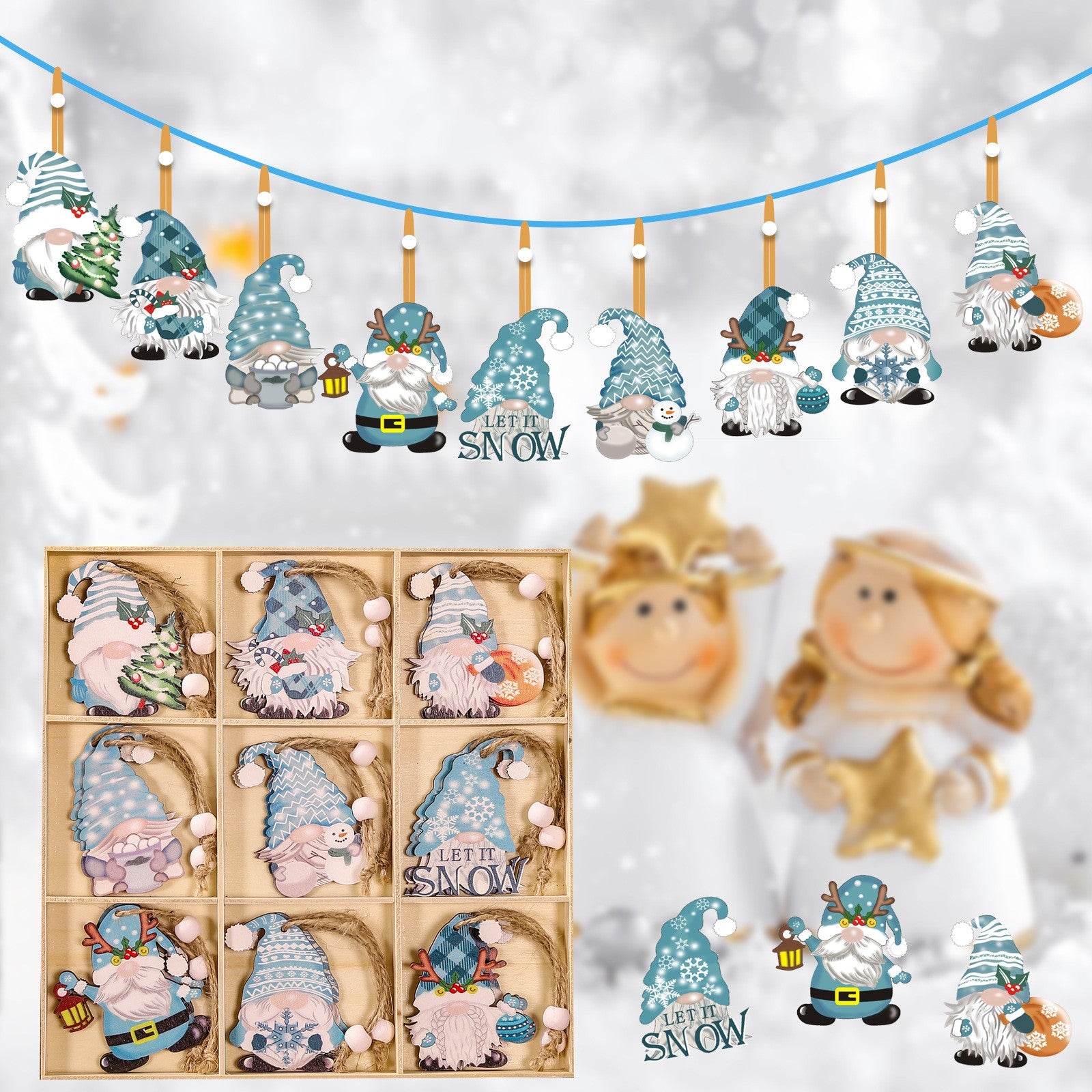 Set 18 Decoratiuni de Craciun din Lemn, Flippy, cu Snur pentru Agatare in Brad, Model Gnomi, Diferite Dimensiuni,