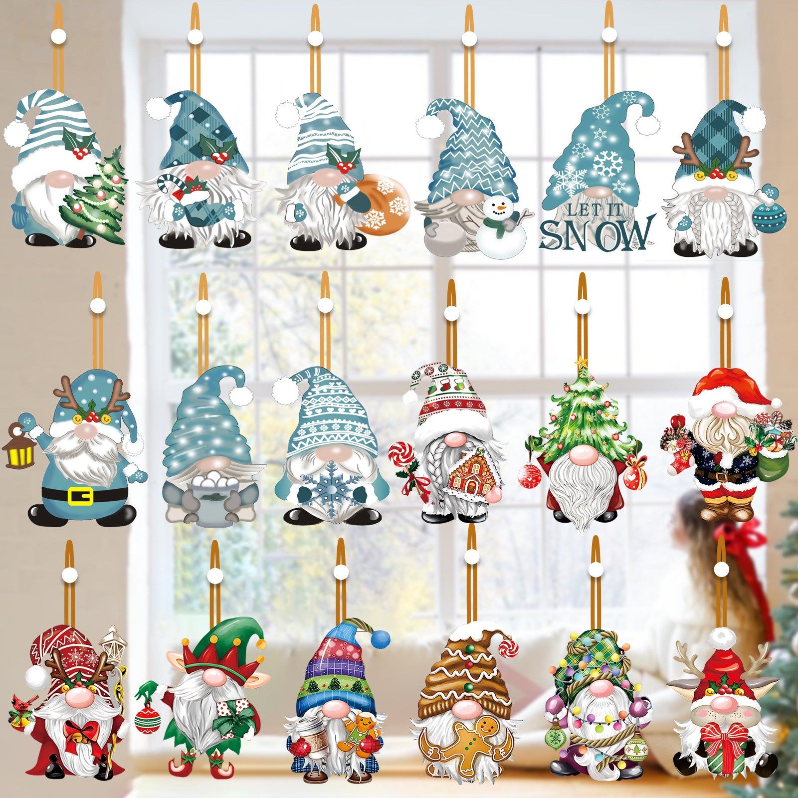 Set 18 Decoratiuni de Craciun din Lemn, Flippy, cu Snur pentru Agatare in Brad, Model Gnomi, Diferite Dimensiuni,
